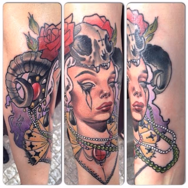 Evil Woman and Satanic Cat Skull with Pearls and roses