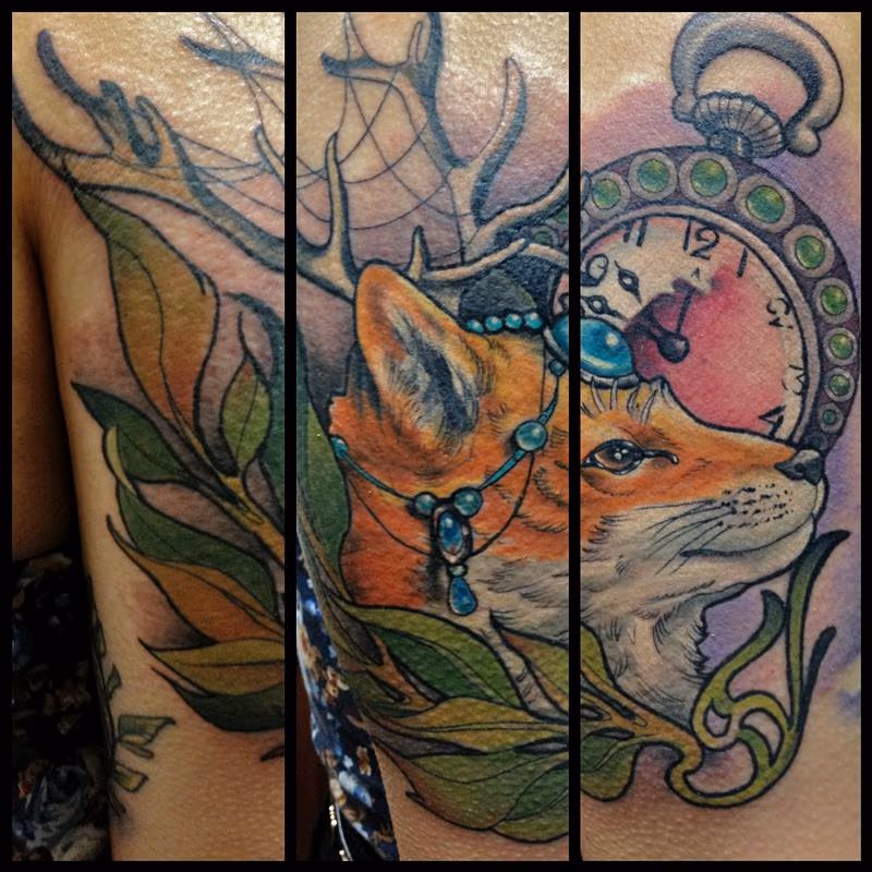 Art Nouveau Fox and Compass tattoo