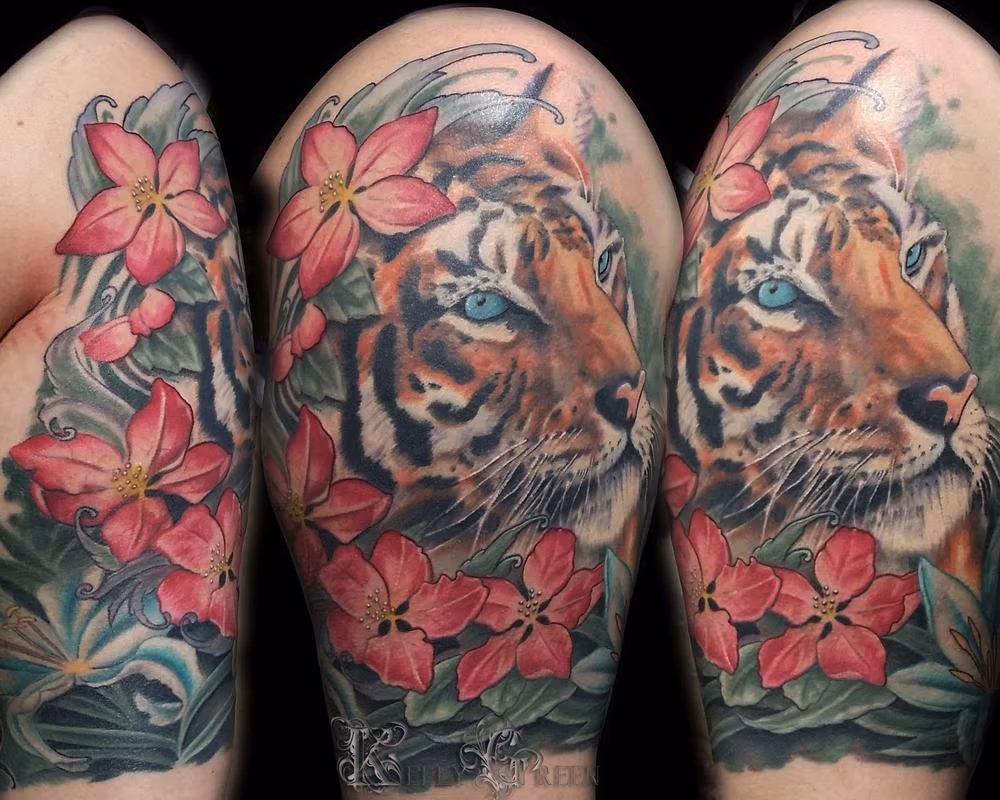 tiger hiding behind some apple blossoms