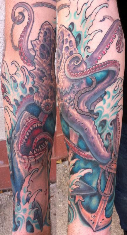 Octopus fighting a shark tattoo