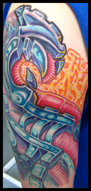 This was a fun tattoo on a rad dude Aaron. Some is healed and some is fresh. I would call this eartho-geo-cicuitry mech. Fun stuff!