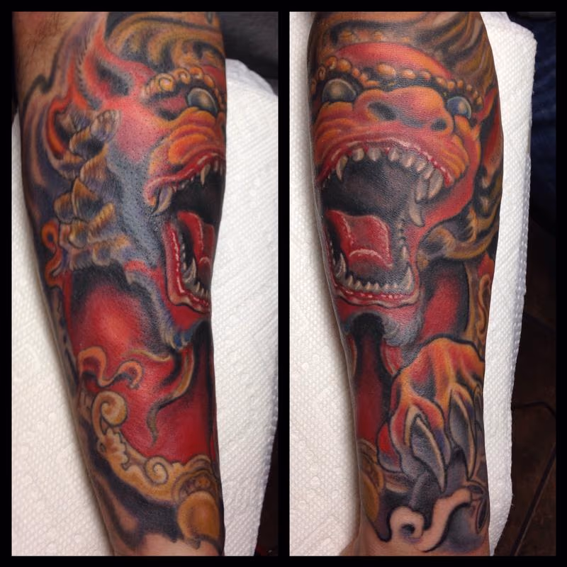 Chinese Fu Dog color tattoo