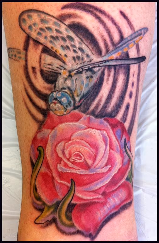Dragonfly and rose tattoo