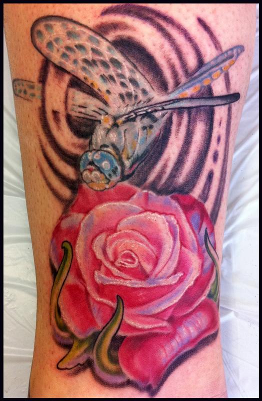 Dragonfly and rose tattoo