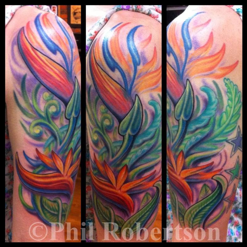 Bird of paradise flowers color tattoo