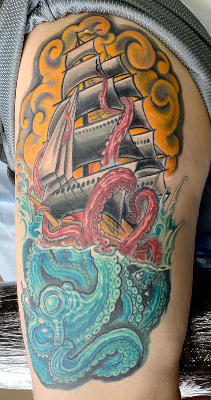 Octopus and ship tattoo