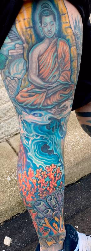 Tranquil Buddha and underwater coral tattoo