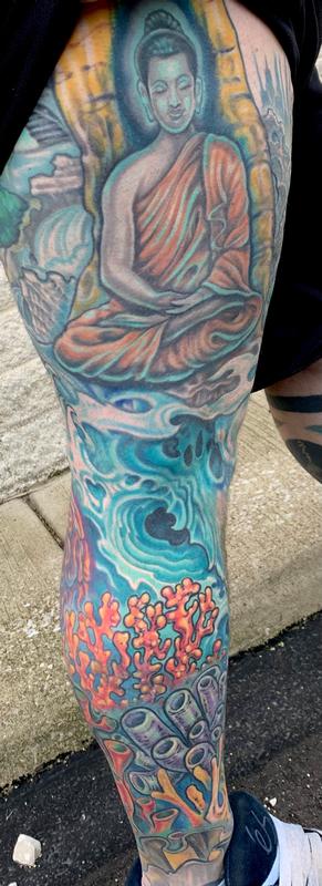 Tranquil Buddha and underwater coral tattoo