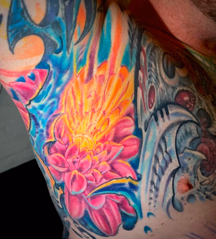 Dahlia flower armpit tattoo