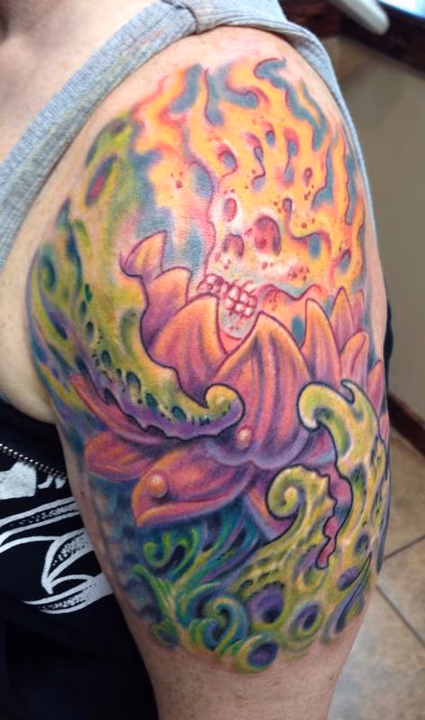Lotus flower and flame skull