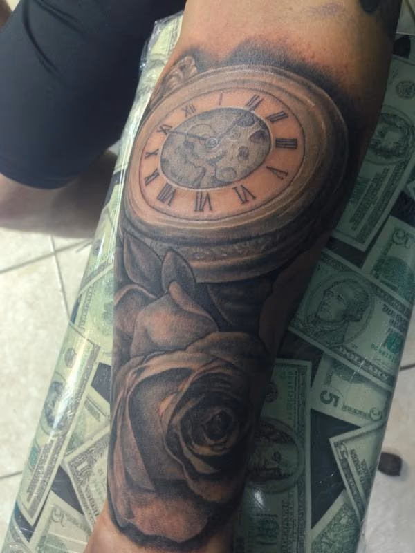 Black and Grey Pocket Watch with Roses