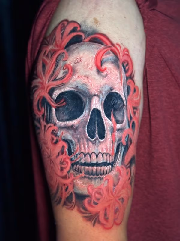 Realistic Skull and Glowing Lillies by Stevie Monie