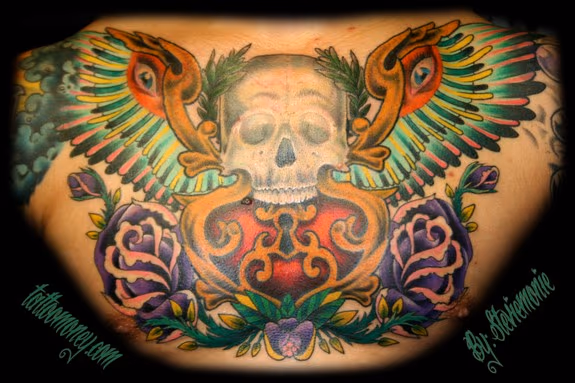 Skull with Wings Chest-piece Tattoo