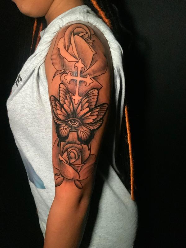 Butterfly Eye and Roses Tattoo by @rixhierixxh