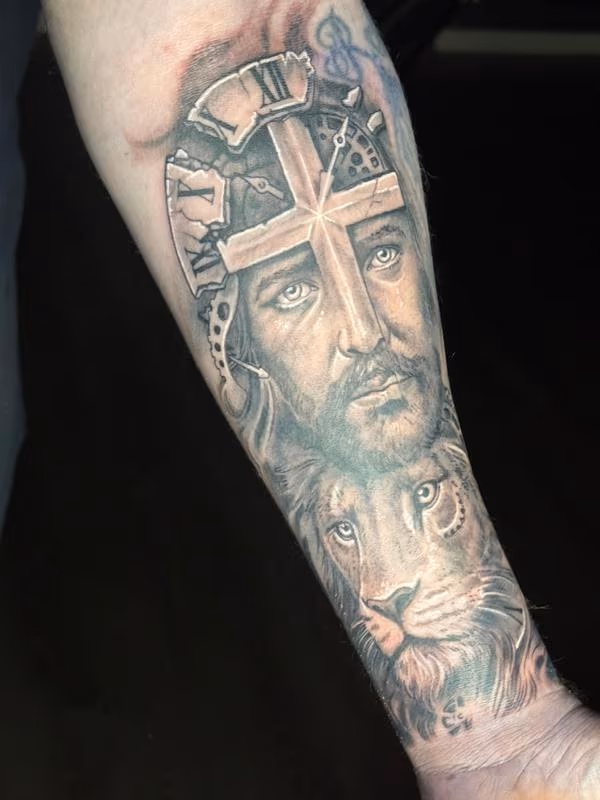 Jesus Lion Cross Clockwirh Roman Numerals Tattoo by @steviemonietattoos