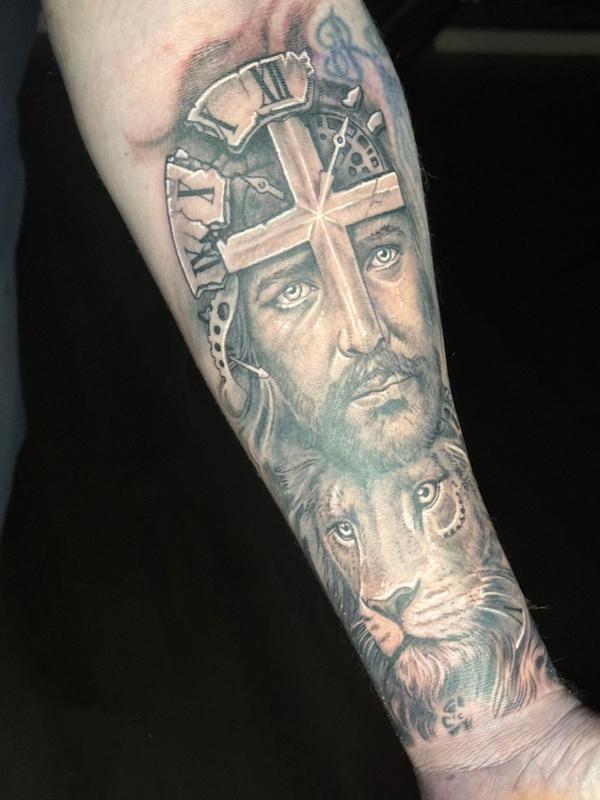 Jesus Lion Cross Clockwirh Roman Numerals Tattoo by @steviemonietattoos