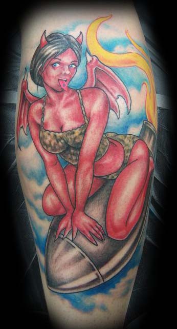 Devil Girl Riding a Bomb Tattoo