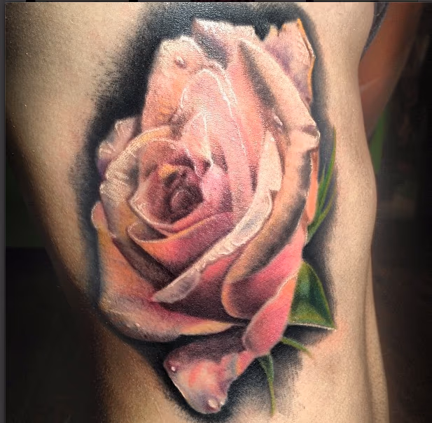 Realistic Rose with Dew Drops Tattoo