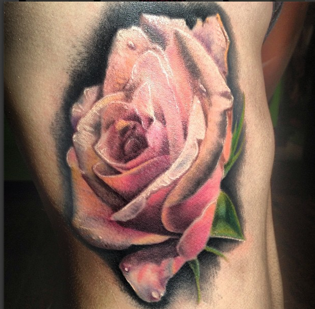 Realistic Rose with Dew Drops Tattoo