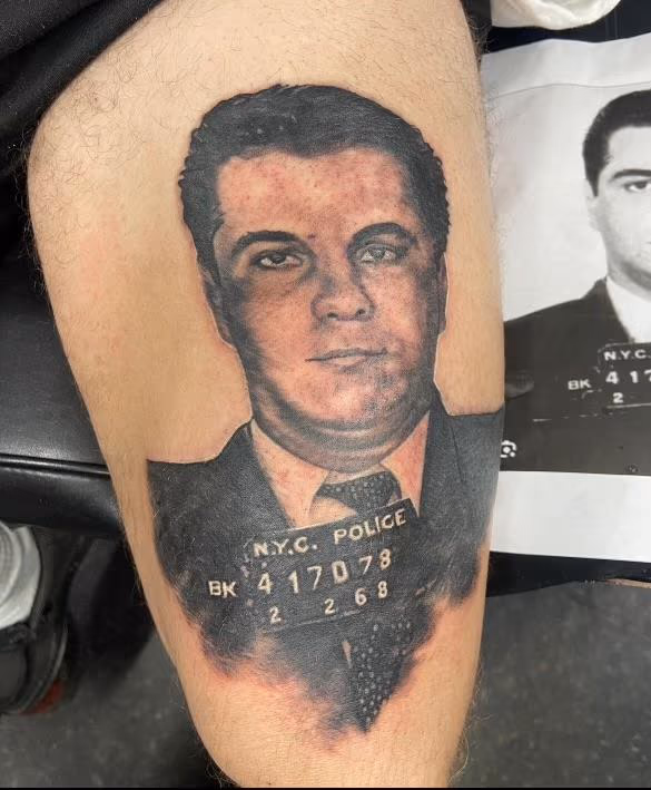 John Gotti mugshot Tattoo by @nicktattoo_baltimore