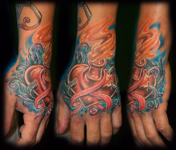 Sacred Heart with Breast Cancer Ribbon Tattoo