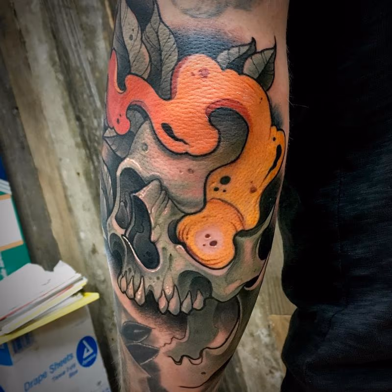 skull and flame neo traditional tattoo