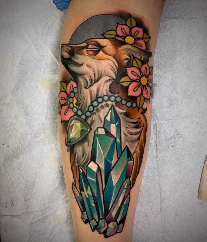 Fox Crystals and Flowers Tattoo