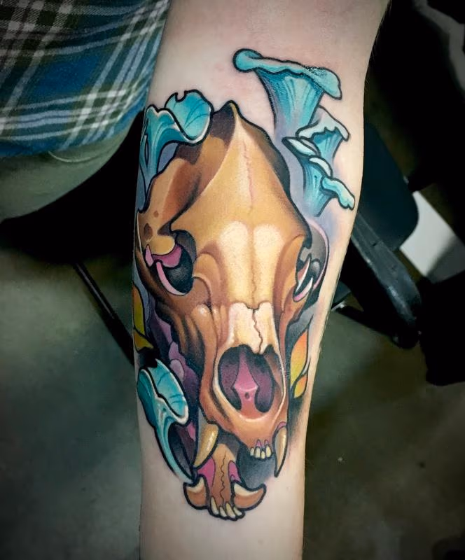 animal skull and mushroom color neo trad tattoo