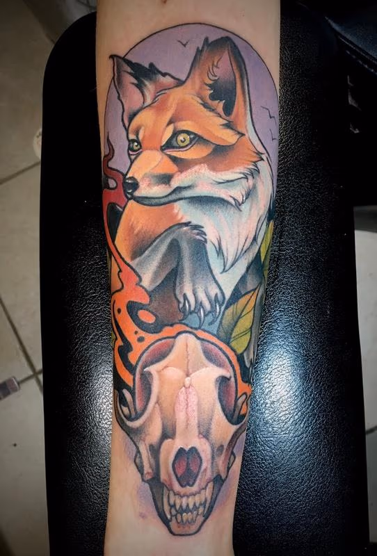 Fox and Skull in Flames Neotrad Half Sleeve
