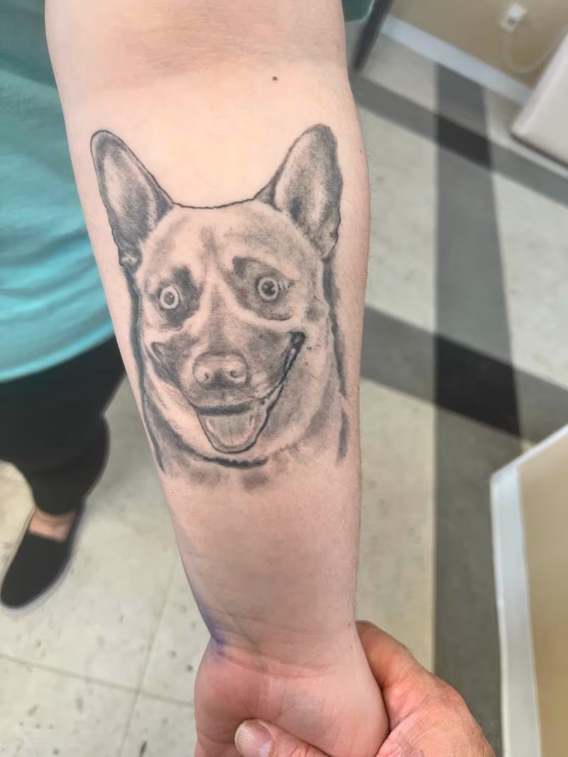 "This is a dog portrait tattoo created in a black and grey style."