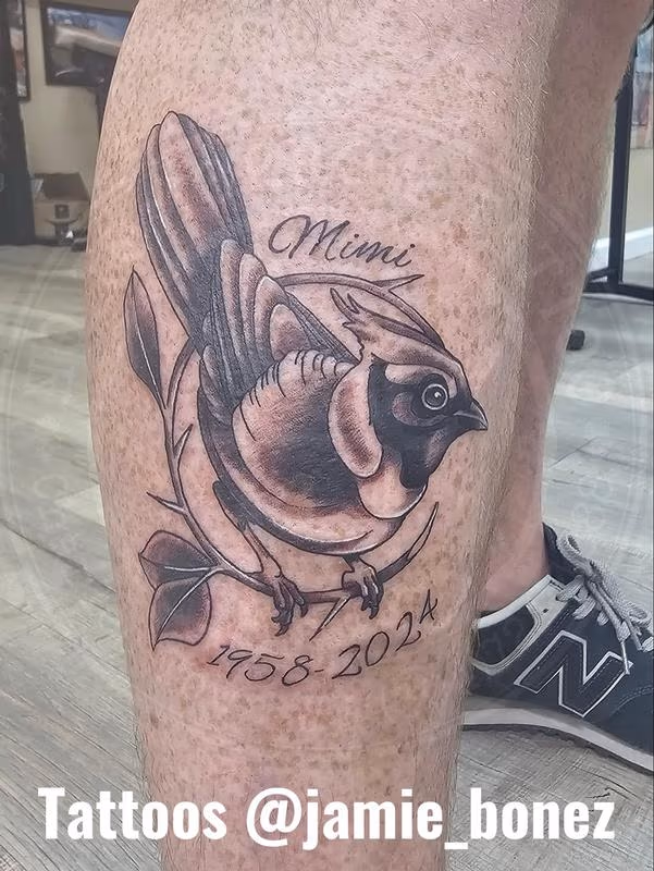 Memorial Tattoo: Black and Grey Neo-Traditional Bird Design