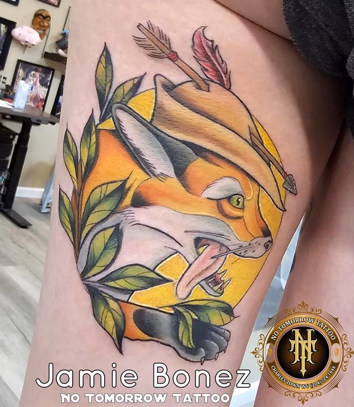 Neo-Traditional Robin Hood Fox Tattoo - Full Color Design with Arrow
