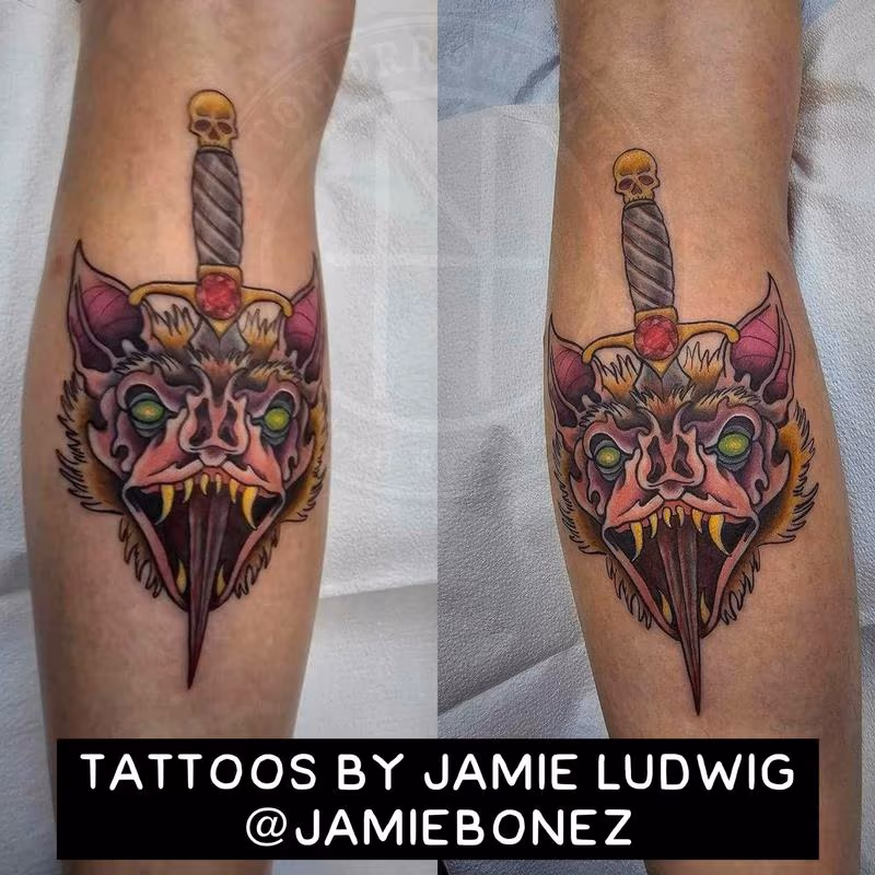 Neo-Traditional Bat Head Tattoo with Dagger - Full Color American Style