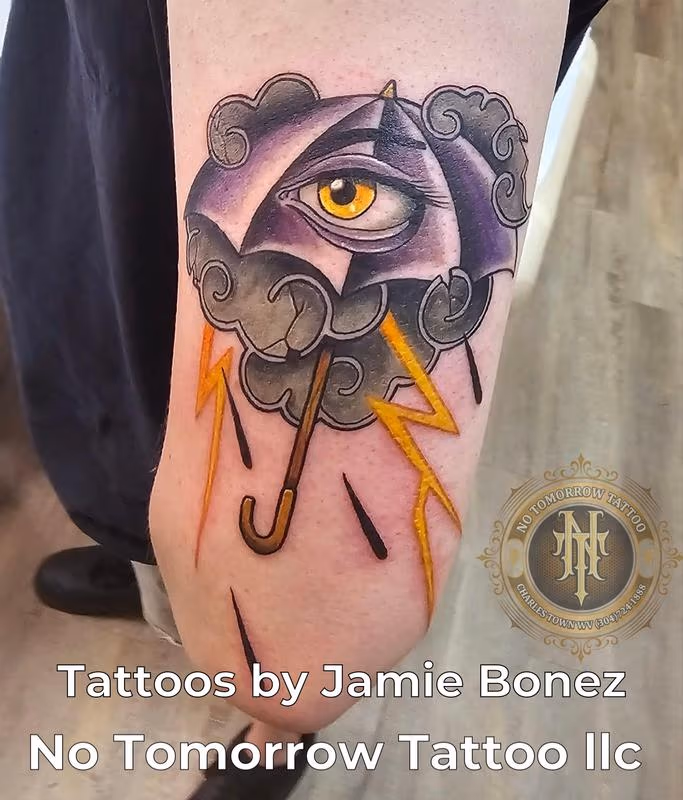 Vibrant Umbrella Tattoo with Eye and Storm Clouds