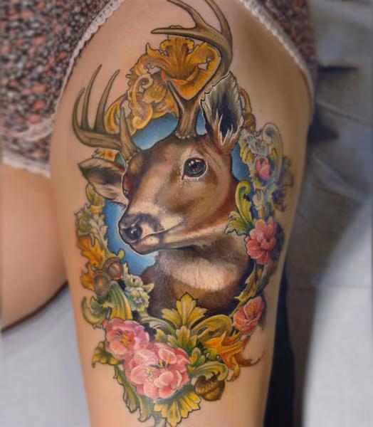 victorian picture frame deer tattoo