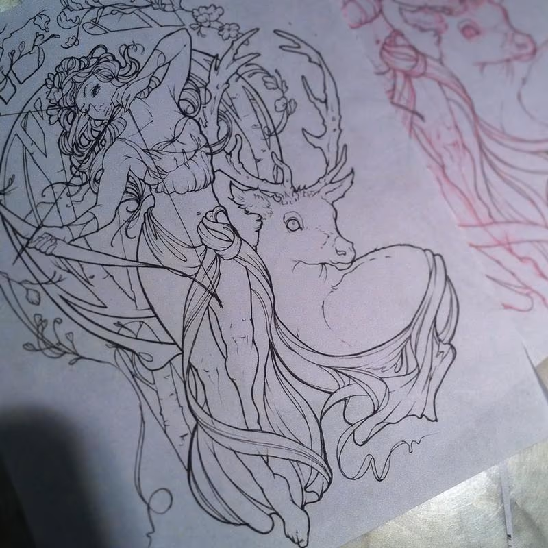 Art Nouveau Artemis tattoo outline