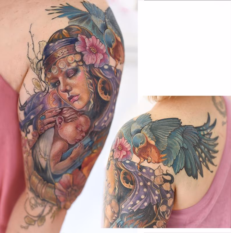 gypsy mother and baby with bluebird and flowers tattoo