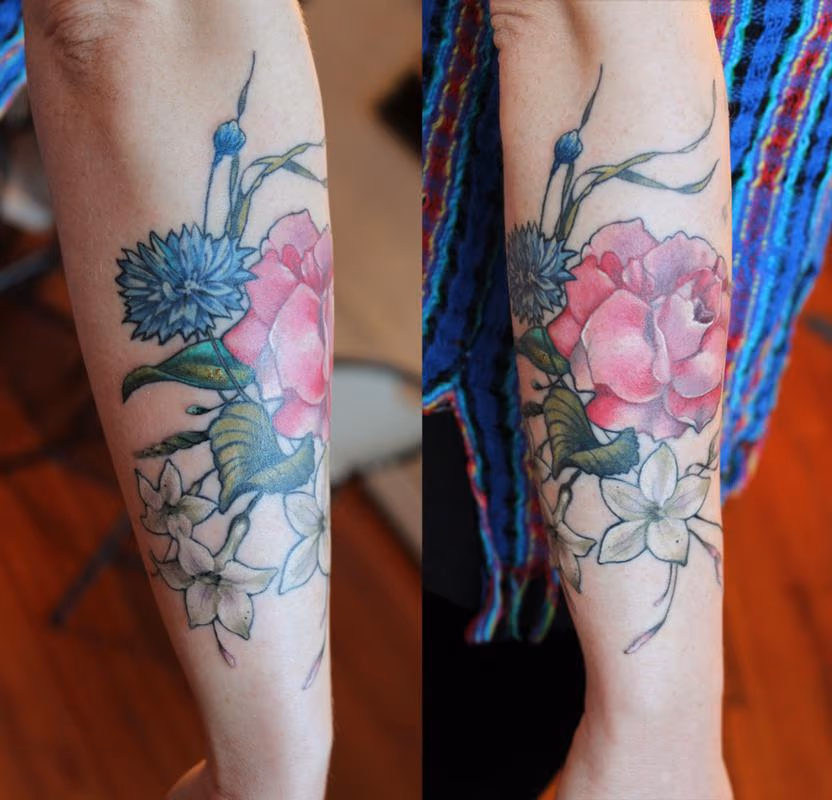 rose corn flower jasmine tattoo