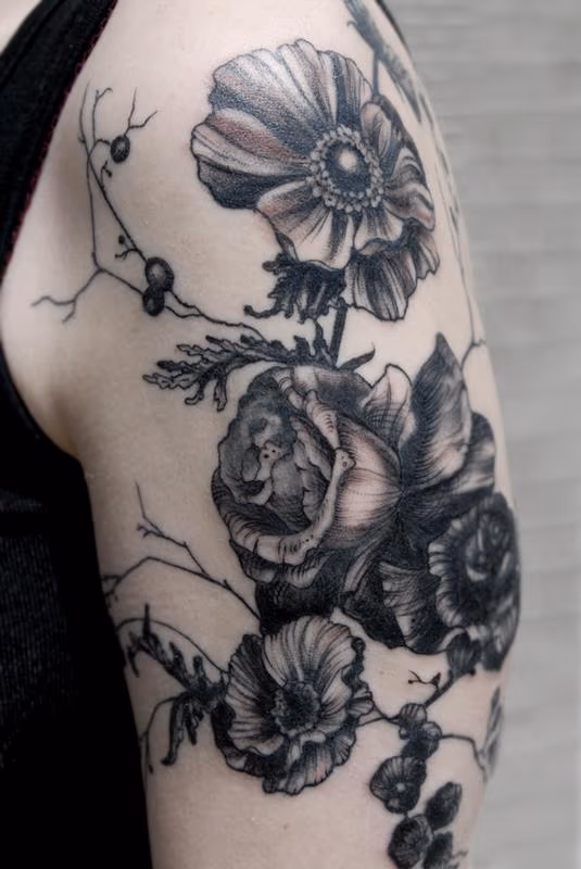 poppy blackworks vintage floral tattoo