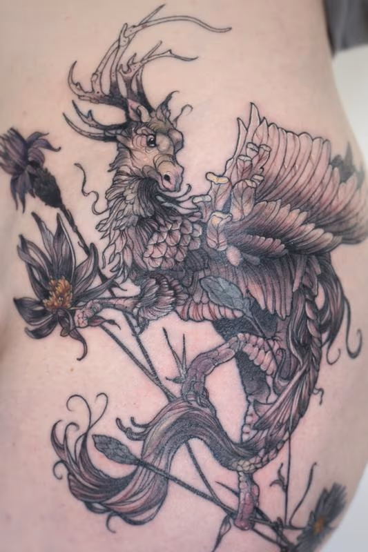 fantasy dragon butterfly cornflowers tattoo