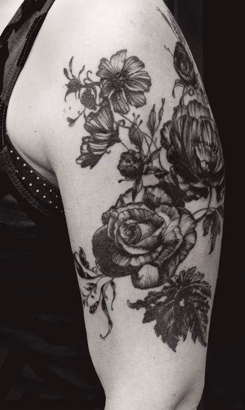 black works vintage botanical rose flower tattoo