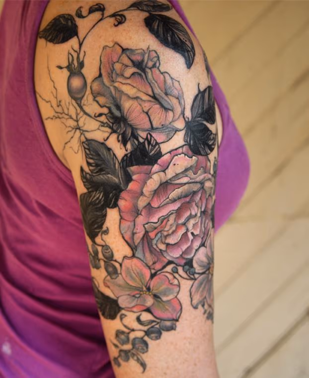 vintage botanical rose flower tattoo
