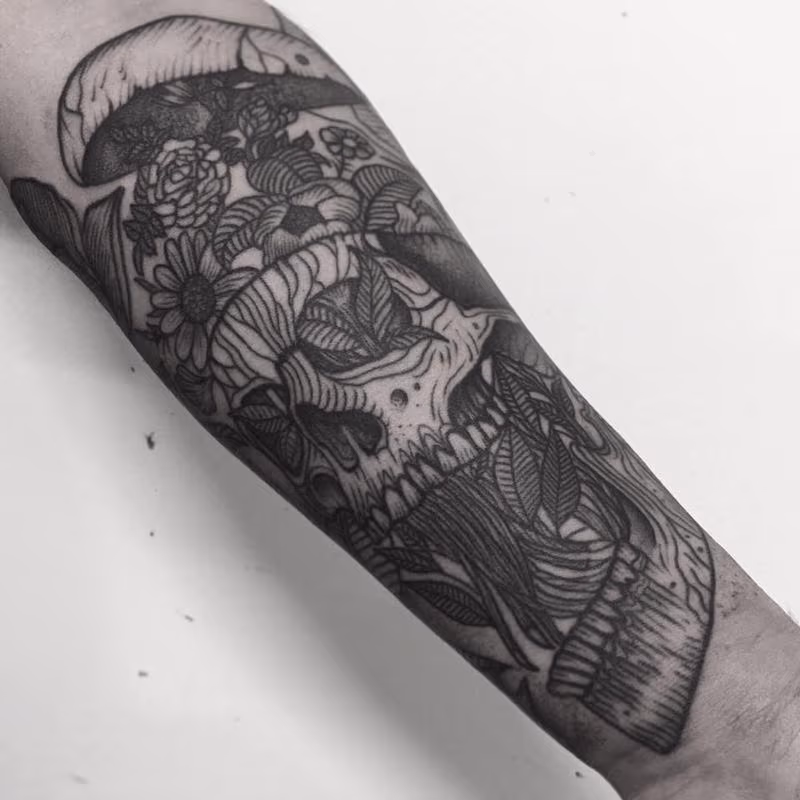 skull and flowers
