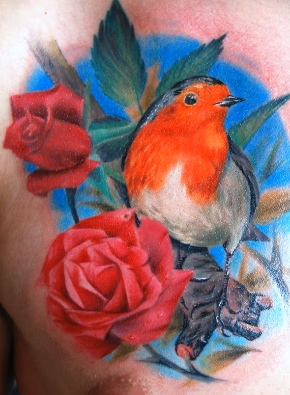 Color Bird and Roses Tattoo