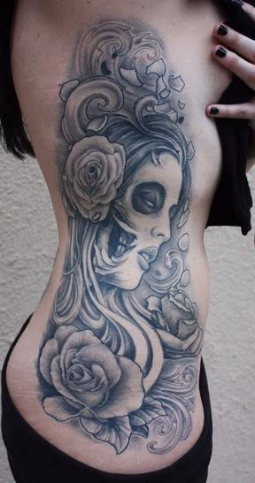 Day of the Dead and Roses rib tattoo