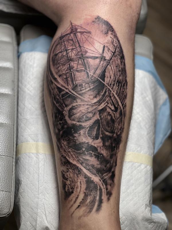 Skull and Ship Tattoo by Irish Chris