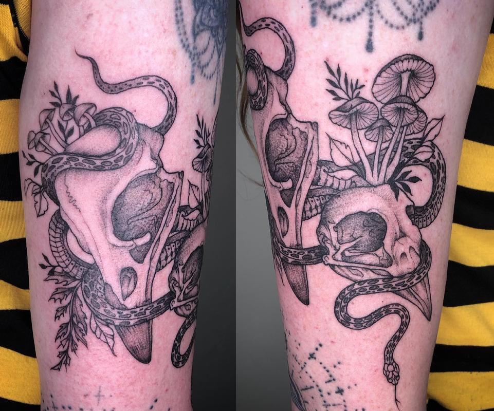 Brennan Walker Bird Skull Mushrooms Tattoo