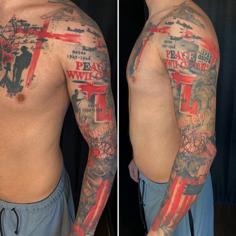 Trash Polka Sleeve Tattoo by Irish Chris