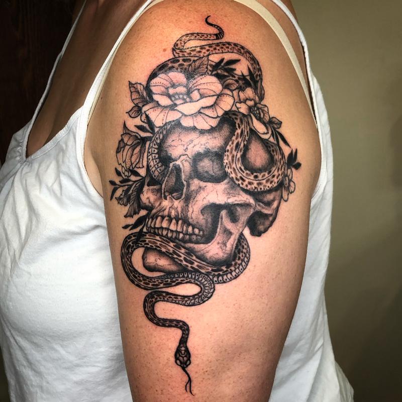 Brennan Walker Skull, Snake and Flower Tattoo