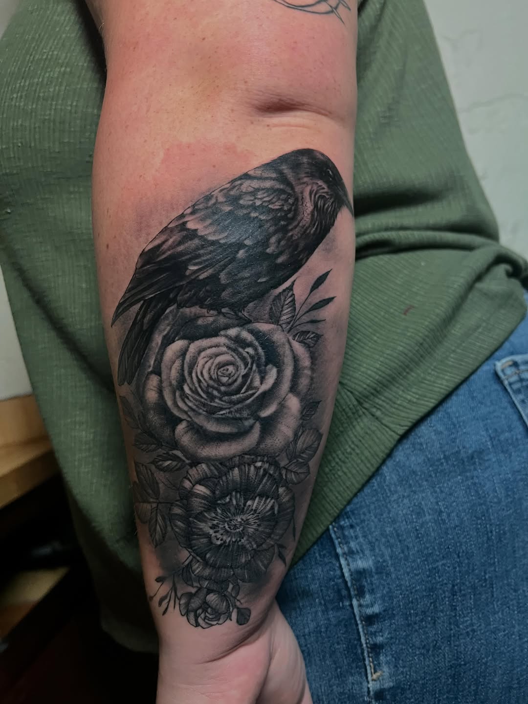 Black-and-grey crow and roses coverup, calf